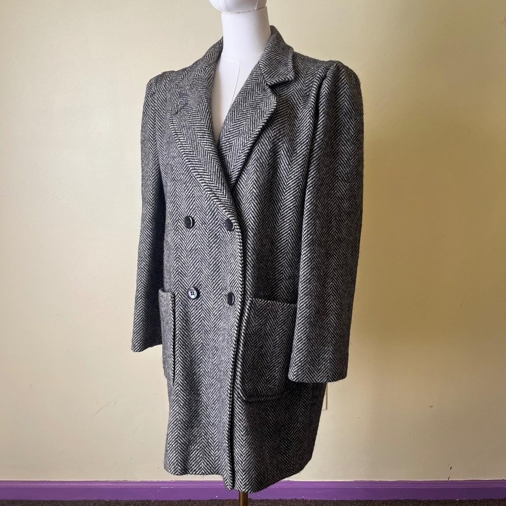 Herringbone Wool Coat Womens‎ 13/14 Gray Black Double Breasted Vintage - Picture 2 of 8